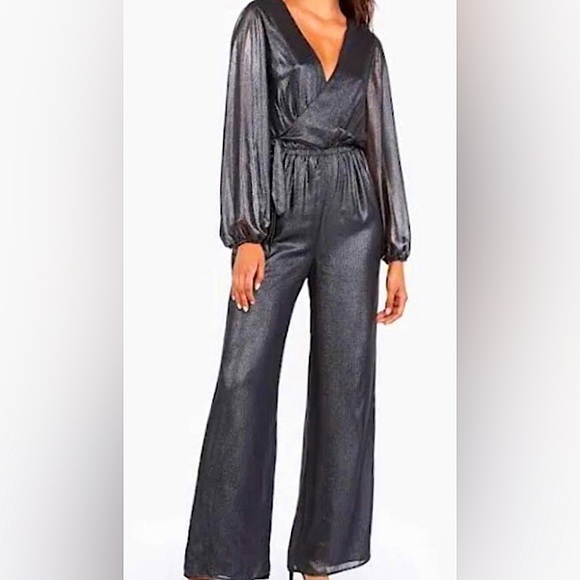 EXPRESS Gunmetal jumpsuit w/belt, surplice V-neckline perfect 4 holidays like me - Picture 3 of 10
